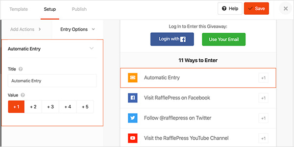 automatic entries action you can use in rafflepress