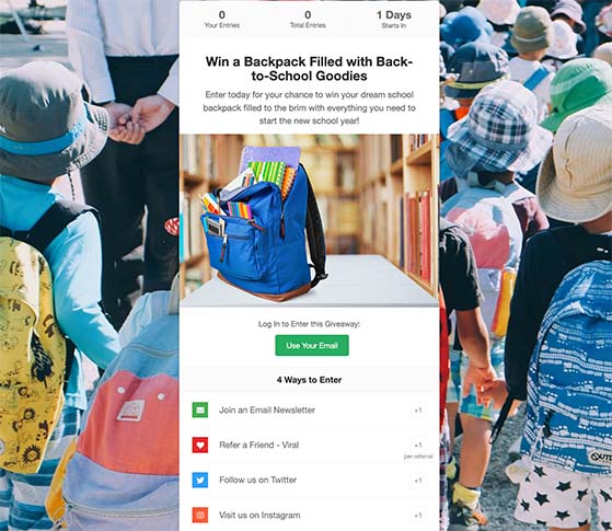 Back to school giveaway landing page
