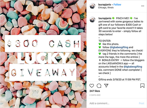 Instagram cash giveaway example
