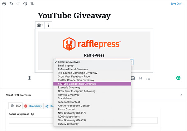 Choose your rafflepress giveaway from the dropdown list