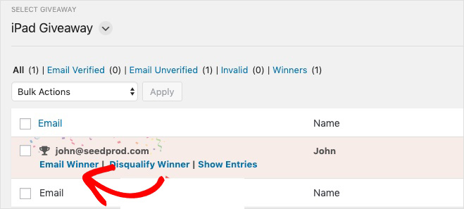 Email giveaway winner in rafflepress