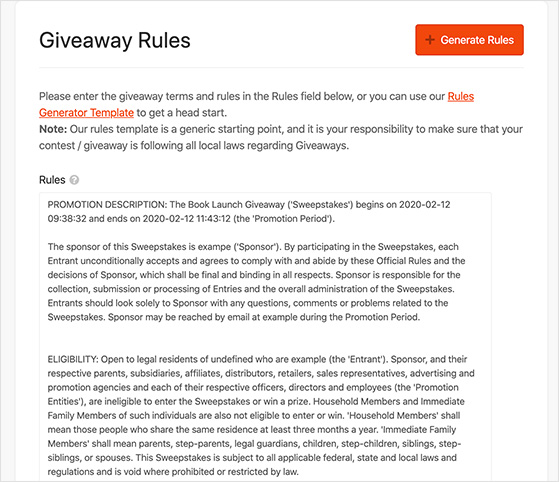 Automatically generated blog giveaway rules