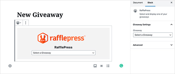 New RafflePress giveaway block in WordPress