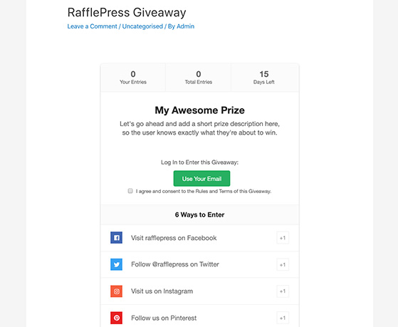 Example of a live RafflePress giveaway in WordPress