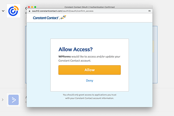 Click Allow to give wpforms access to constant contact.