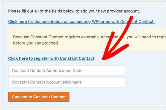 Click the register link to connect wpforms with constant contact