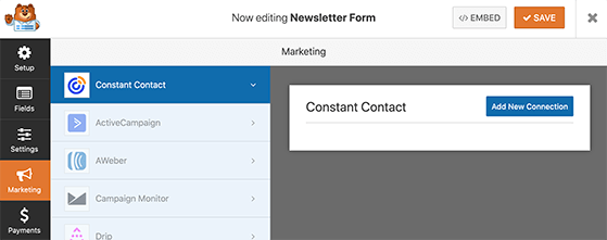 Click the button to add a new constant contact connection