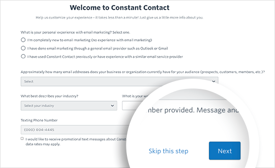 Click Skip this step on the constant contact welcome page