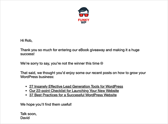 email relevant content to non winning giveaway contestants