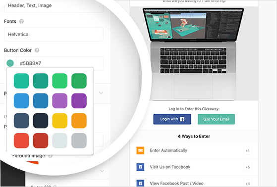 Select a layout, fonts, and button colors for your facebook flash giveaway