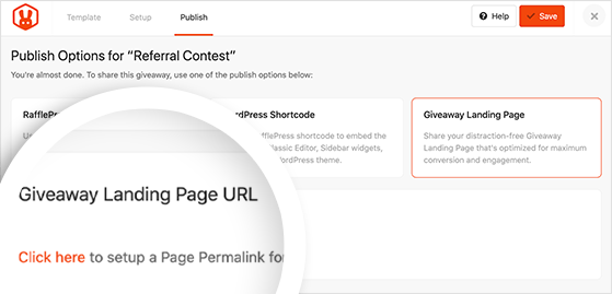 Publish options for giveaway landing page
