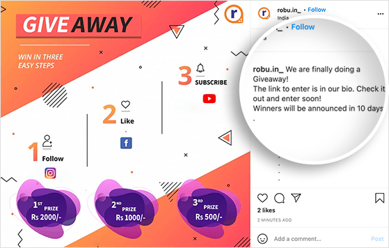 add your giveaway landing page link to your Instagram bio to promote your Instagram contest
