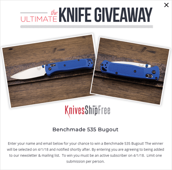 Do giveaways increases sales? This Giveaway by KnivesShipFree used OptinMonster to increase sales
