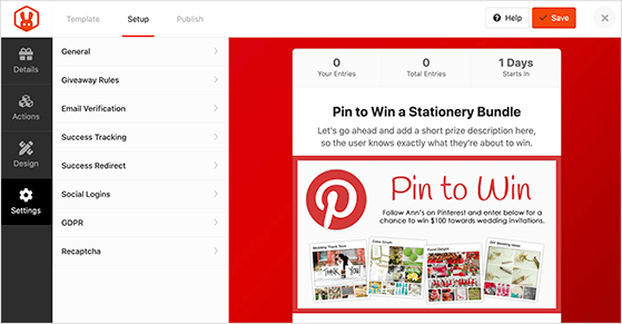 Choose the settings for your Pinterest contest