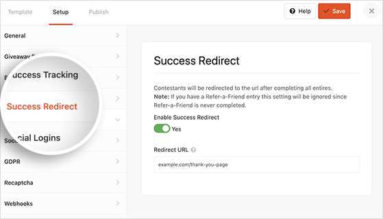 RafflePress Success Redirect setting