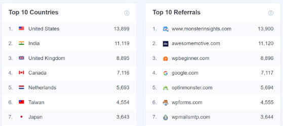 MonsterInsights top countries and top referrals report