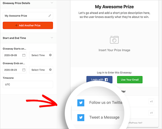 The methods for entering your twitter contest are automatically added with the twitter giveaway template