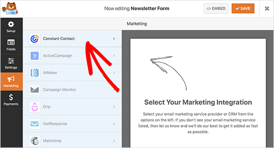 Choose the marketing tab to connect your form to constant contact